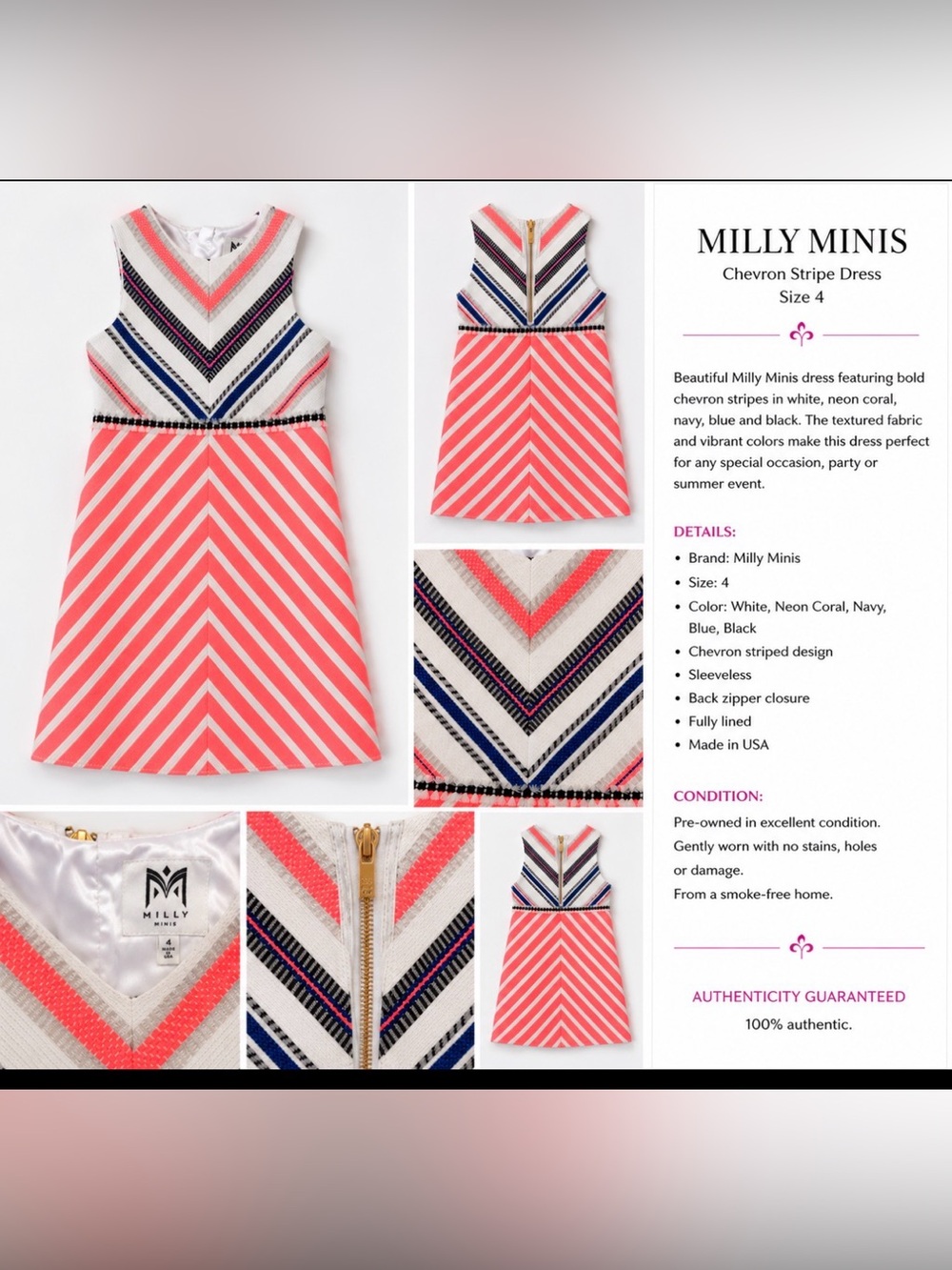 Milly Minis Girls Chevron Dress – Size 4 – Neon Coral multicolor.